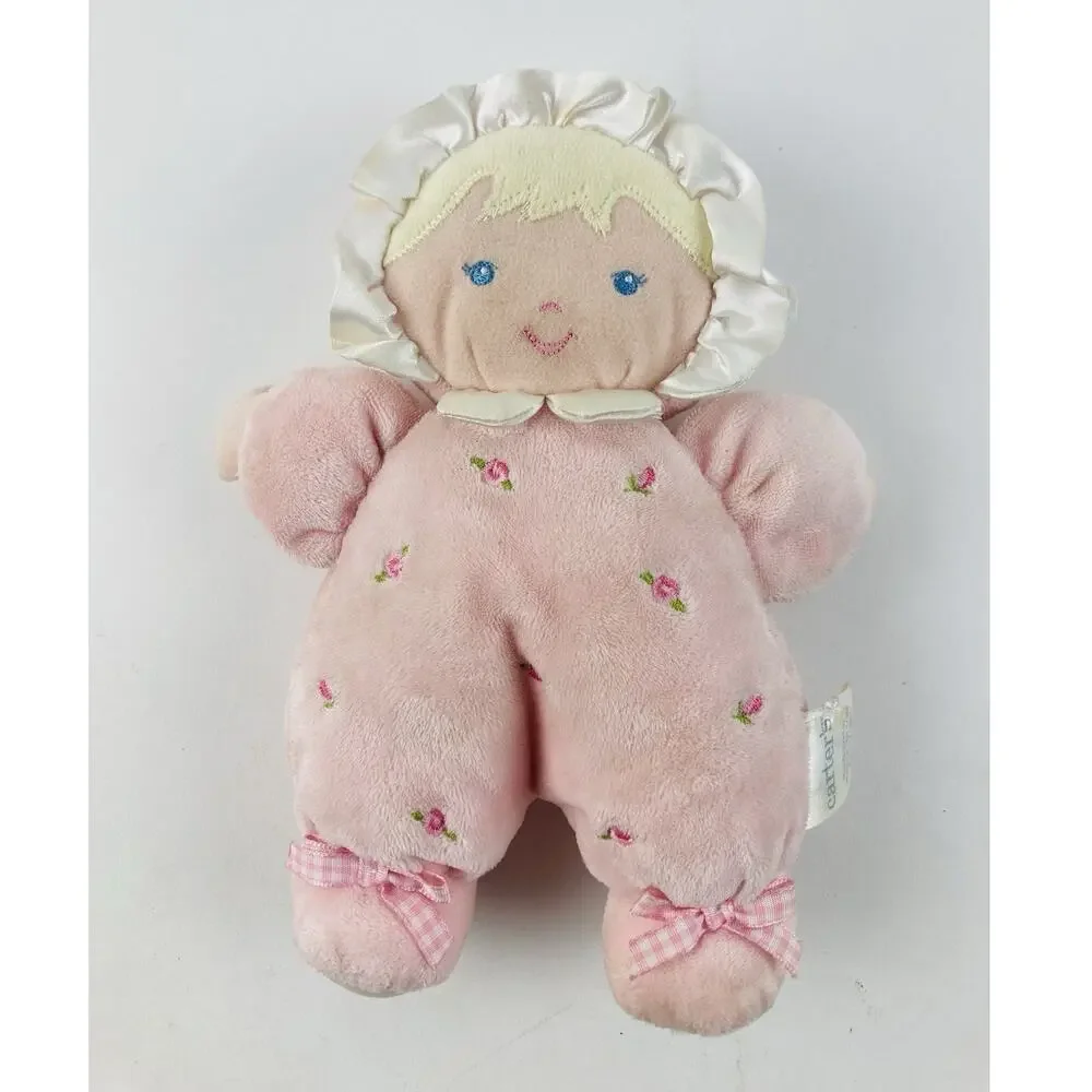 Carters Baby Doll Rattle Pink Dress Prestige Flowers Bows Yellow Hair Blue Eyes